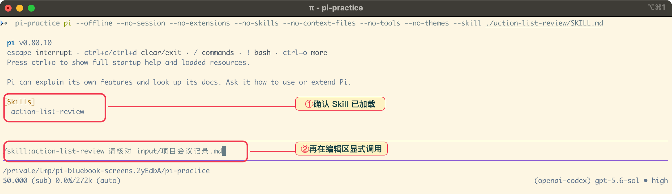 显式加载教学 Skill,并在 Pi 编辑区准备调用