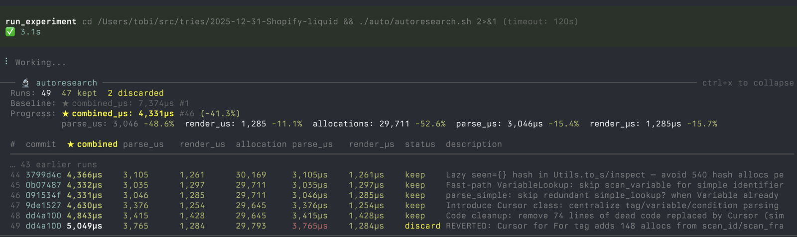 Shopify pi-autoresearch 项目的实验记录界面